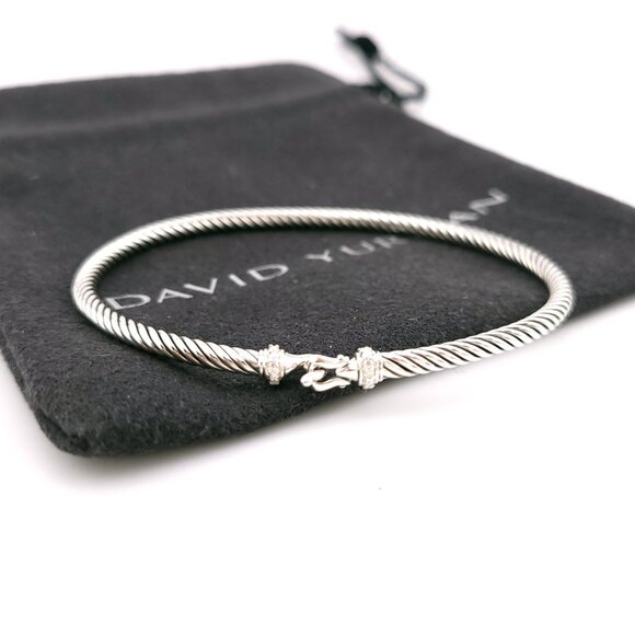 David Yurman Sterling Silver Classis Cable 3mm Diamond Buckle Bangle Bracelet - Picture 1 of 11